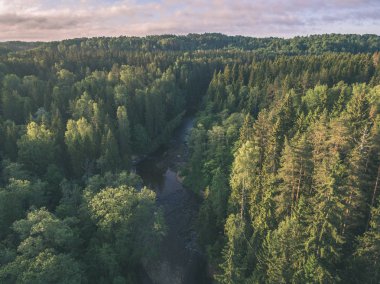 drone görüntü. alanları ve ormanları ve bulutlu bahar günü nehir su yansımalar kırsal alan hava görünümünü. Letonya - vintage eski film bakmak