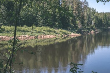 sakin Nehri yakınındaki Cesis, Letonya ağaçlarının yansımaları ile. Gauja Nehri