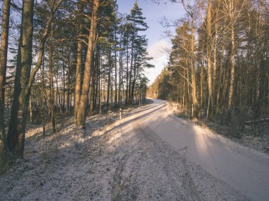 drone görüntü. alanları ve bulutlu kış günü ormanlarda kırsal alan hava görünümünü. Letonya - vintage eski film bakmak