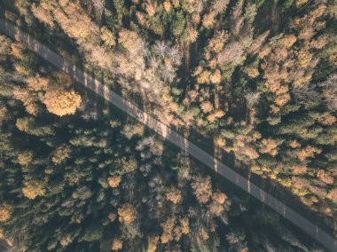 drone görüntü. çakıl yol sonbahar renkli alanları ve ormanları ile kırsal alan hava görünümünü. Letonya - vintage eski film bakmak
