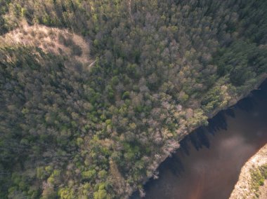 drone görüntü. alanları ve ormanları ve bulutlu bahar günü nehir su yansımalar kırsal alan hava görünümünü. Letonya - vintage eski film bakmak