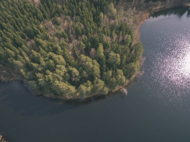 drone görüntü. alanları ve ormanları ve bulutlu bahar günü nehir su yansımalar kırsal alan hava görünümünü. Letonya - vintage eski film bakmak