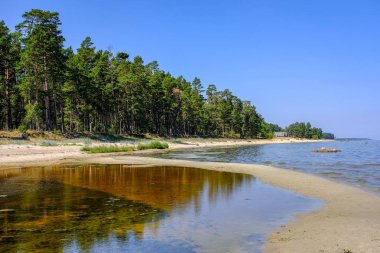 bulutlar ve sakin su ile deniz plaj manzarası. renkli sahne