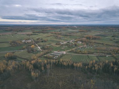 drone görüntü. hava alanları ve ormanları ile kırsal alan görünümünü sonbahar sis kaplı. Letonya - vintage eski film bakmak