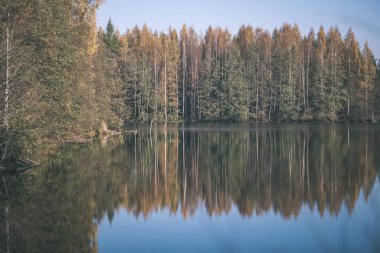 Doğa yansımalar göl veya nehir kırsal su temizleyin. sonbahar renkleri - vintage eski göz film.