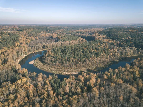 drone image. aerial view of wavy river in autumn colored forest. latvia, river of gauja - vintage old film look