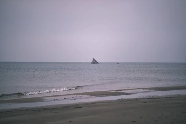 Empty Sea Beach Autumn Mist Cool Tones Empty Sand Vintage — Stock Photo, Image