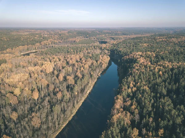 Drone Obrazu Widok Lotu Ptaka Rzeki Faliste Lesie Jesienią Kolorowe — Zdjęcie stockowe