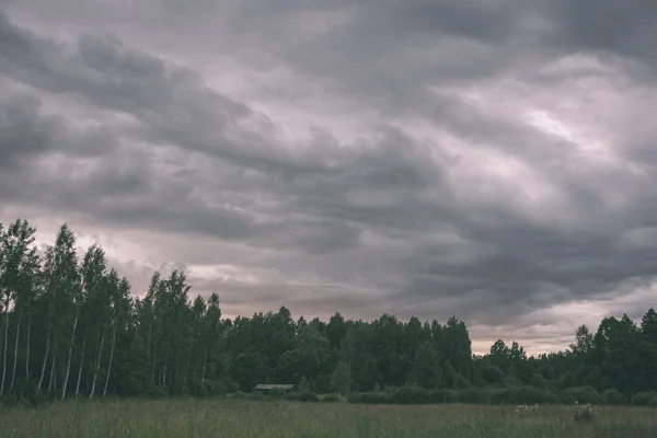 Gewitterwolken Über Grüner Wiese Und Einigen Bäumen Sommer — Stockfoto