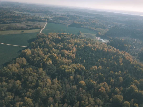 Drone Obrazu Widok Lotu Ptaka Obszarów Wiejskich Pól Lasów Pochmurny — Zdjęcie stockowe