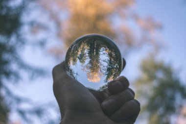 lensball çevresinde doğa yansıtan Güz. sonbahar renkleri insan elinde - vintage eski film bakmak tutun