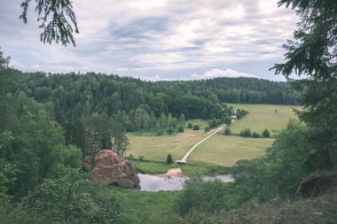 yaz, ormandaki güzel kayalık akarsu. Letonya Cesis yakınındaki nehirde Amata 