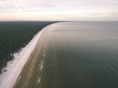 drone görüntü. alanları ve bulutlu kış günü ormanlarda kırsal alan hava görünümünü. Letonya - vintage eski film bakmak