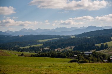 erken sonbahar renkleri içinde ağaçlar ve ormanlar ile kaplı bulutlu ve sisli Slovakça Western Karpat Tatra dağ manzarası