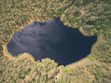 drone görüntü. alanları ve ormanları ve bulutlu bahar günü nehir su yansımalar kırsal alan hava görünümünü. Letonya - vintage eski film bakmak