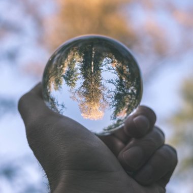 lensball çevresinde doğa yansıtan Güz. sonbahar renkleri insan elinde - vintage eski film bakmak tutun