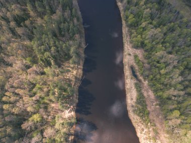 drone görüntü. alanları ve ormanları ve bulutlu bahar günü nehir su yansımalar kırsal alan hava görünümünü. Letonya - vintage eski film bakmak