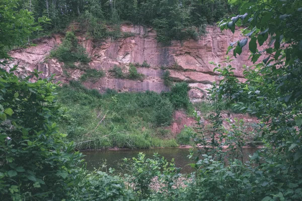 夏の川の深い森の岩のストリーム ツェーシス近くラトビアの天田川 — ストック写真