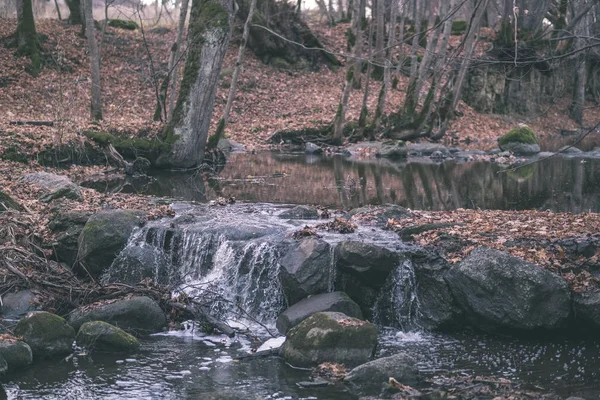 waterfall over the rocks in river stream in forest in late autumn with naked trees and grey colors in nature - vintage old film look