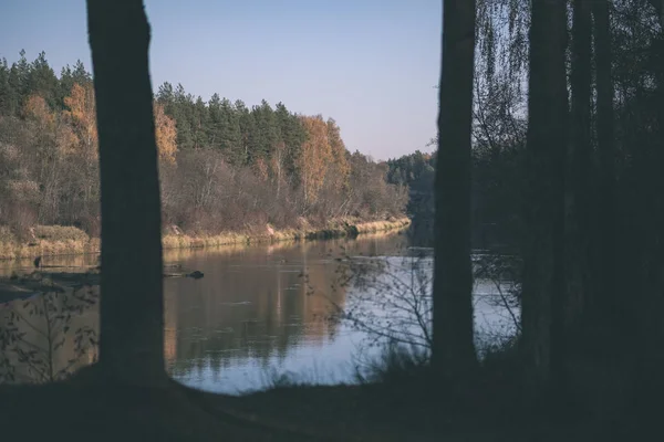 Naturen Reflektioner Klart Vatten Sjön Eller Floden Landsbygden Höstfärger Vintage — Stockfoto