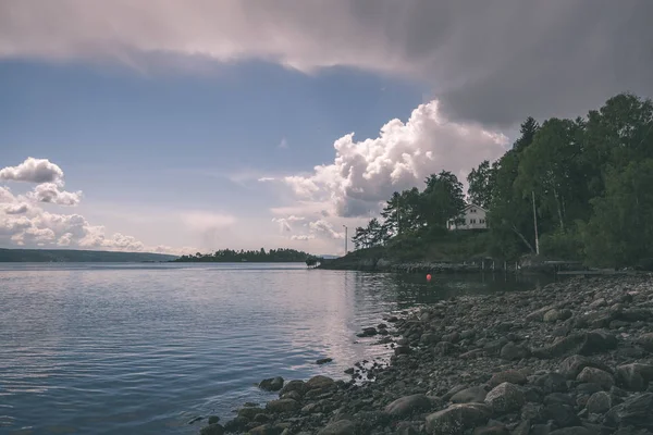 Rotsachtige Kustlijn Noorwegen Met Paar Pijnbomen Rustig Water Onder Blauwe — Stockfoto