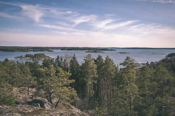 Rocky Coastline Finland Few Pine Trees Calm Water Summer Vintage — Stock Photo, Image