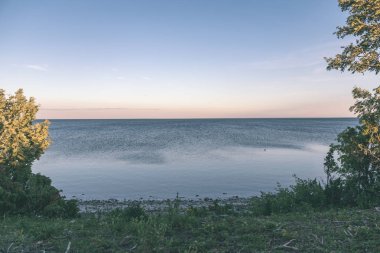 panoramik deniz plaj kayalar, bitkiler ve temiz su ile yaz aylarında güneşli gün - vintage bir retro görünüm görünümünde