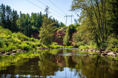 yaz günü suda kumtaşı kayalıklarla ve kuru ağaç ormanları içine Nehri sakin. karanlık su nehir Brasla, Letonya