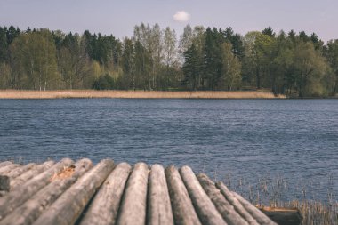 su yeşil yaz orman çevresinde göl ile ahşap ve kompozit malzeme ayak köprüden