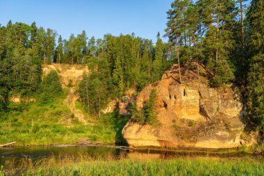 nehir, Amata Letonya yaz sabahı kumtaşı kayalıklarla, yeşil yaprakları ile su akışı