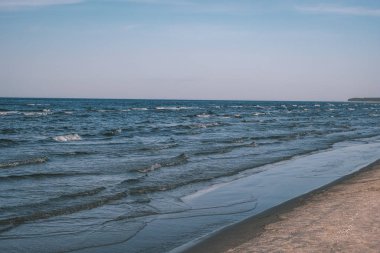 panoramik deniz plaj kayalar, bitkiler ve temiz su ile yaz aylarında güneşli gün - vintage bir retro görünüm görünümünde