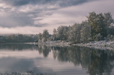 soğuk ve sakin sabah görünümü ile ilk gölün vintage bir retro görünüm sol - yeşil yaprakları ile Kışın kar