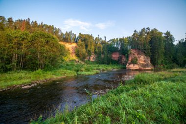 nehir, Amata Letonya yaz sabahı kumtaşı kayalıklarla, yeşil yaprakları ile su akışı