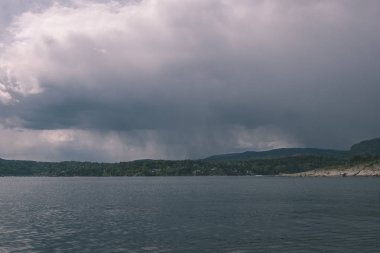 kayalık sahil şeridine Norveç'te kaç çam ağaçları ve mavi gökyüzü altında sakin su 
