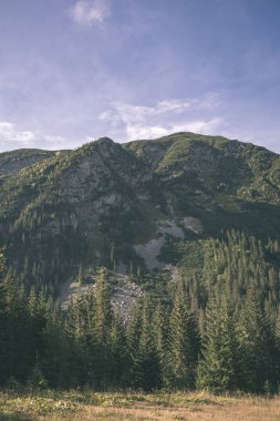 erken sonbahar renkleri - vintage bir retro görünüm içinde ağaçlar ve ormanlar ile kaplı bulutlu ve sisli Slovakça Western Karpat Tatra dağ manzarası