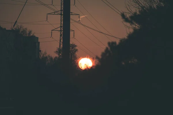 Uitzicht Zonsondergang Achter Elektriciteit Stroomkabels Gebouwen — Stockfoto