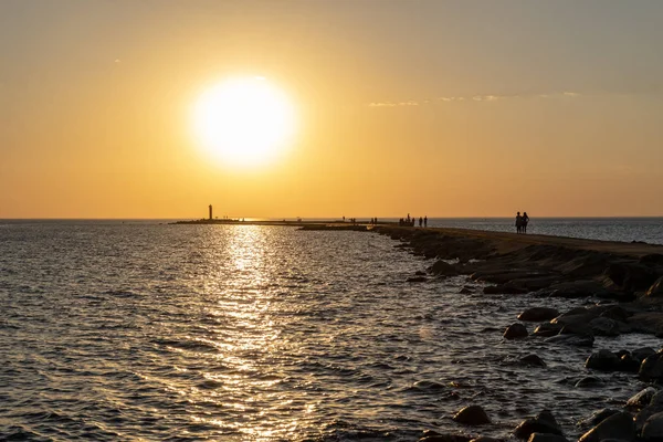 Breakwater Sea Red Lighthouse End Sunset — Stock Photo, Image