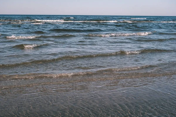 Панорамний Вид Морський Пляж Влітку Камінням Рослинами Чистою Водою Сонячний — стокове фото