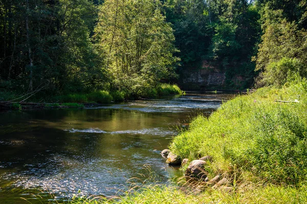 Summer Day Water Calm River Enclosed Forests Sandstone Cliffs Dry — Stock Photo, Image