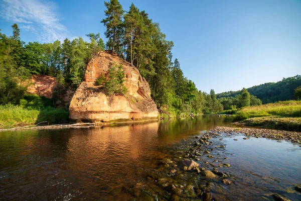 Vatten Ström Floden Amata Lettland Med Sandsten Klippor Gröna Bladverk — Stockfoto