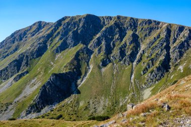 Uzak dağ çekirdek Slovakya'da Tatra mountain parkurları mavi gökyüzü ve yeşil bitki örtüsü ile açık sonbahar günü sis