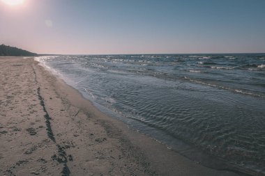 panoramik deniz plaj manzarası içinde kaya, bitkiler ve temiz su ile yaz aylarında güneşli bir gün