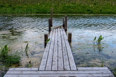 eski ahşap tahta boardwalk iz sonbahar renkli doğada su yakın bataklık alanda