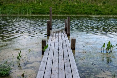 eski ahşap tahta boardwalk iz sonbahar renkli doğada su yakın bataklık alanda