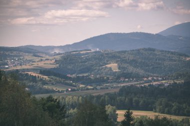 Sonbahar ile ormanları sisli gün Slovakya Tatra Dağları'nda. Islak gün - vintage retro bak.