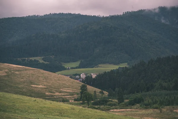 多云和雾蒙蒙的斯洛伐克西部喀尔巴泰塔拉山天际线覆盖着森林和树木在初秋的颜色 复古的外观 — 图库照片