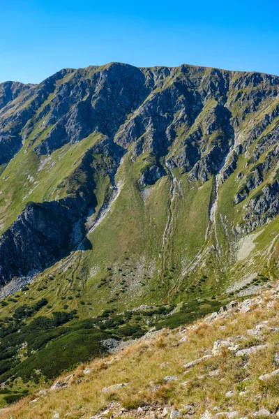 Distant mountain cores in mist in slovakia Tatra mountain trails in clear autumn day with blue sky and green vegetation