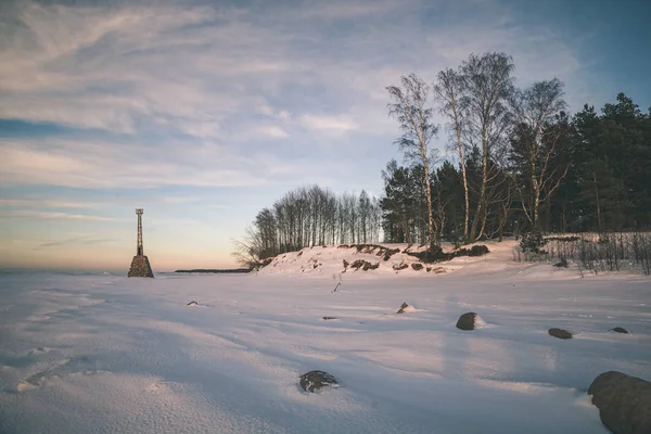 ヴィンテージのレトロな外観の前に夜遅くに雪の高いレベルでの冬の野生の森 — ストック写真