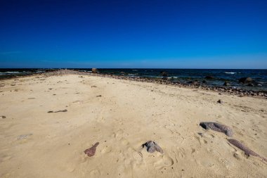 panoramik deniz plaj manzarası içinde kaya, bitkiler ve temiz su ile yaz aylarında güneşli bir gün