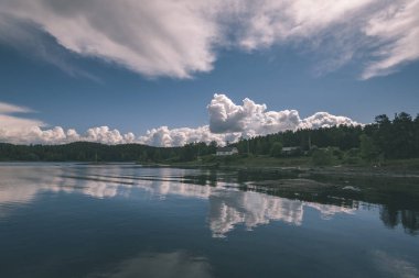 kayalık sahil şeridine Norveç'te kaç çam ağaçları ve mavi gökyüzü altında sakin su 